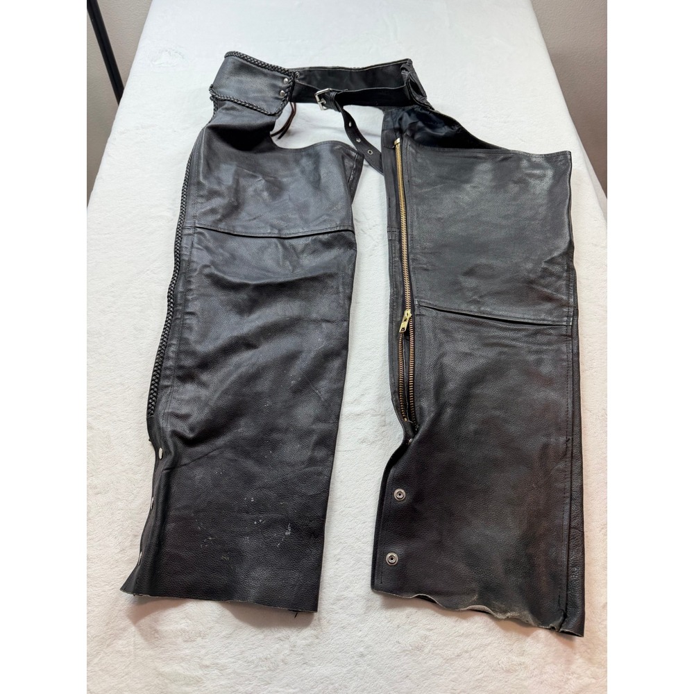 Jafrum Leather Motorcycle Chaps Mens Large Black Good Braided Trim Biker Riding